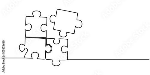 Puzzle icon line continuous drawing vector. One line Conundrum icon vector background. Team work icon. Continuous outline of a Missing item, Continuous one line drawing of puzzle. One line drawing. 