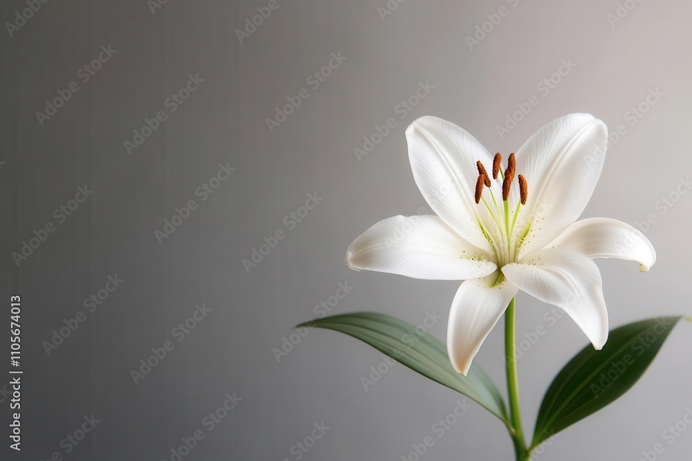 White lily flower with delicate petals on a soft gray background. White lily flower with delicate petals on a soft gray background.