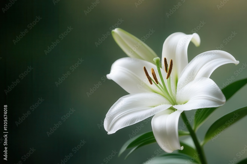 Elegant white lily blossom with green leaves in soft focus background. Elegant white lily blossom with green leaves in soft focus background.