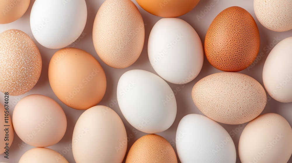 Various eggs in different colors and textures arranged closely together. Various eggs in different colors and textures arranged closely together.