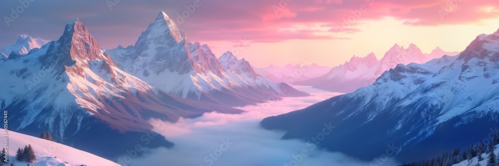 Panoramic view of snowy mountains at sunrise. Soft pink, purple hues paint sky. Valley filled with mist. High peaks, slopes covered with snow. Nature landscape in winter. Stunning alpine scenery. Panoramic view of snowy mountains at sunrise. Soft pink, purple hues paint sky. Valley filled with mist. High peaks, slopes covered with snow. Nature landscape in winter. Stunning alpine scenery.