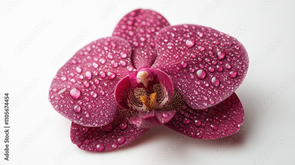 Stunning Close-Up of a Vibrant Pink Orchid with Water Droplets on Petals Against a Soft White Background Stunning Close-Up of a Vibrant Pink Orchid with Water Droplets on Petals Against a Soft White Background