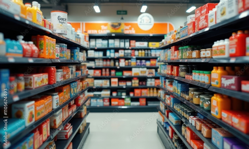 Passage of the store with many different products on the shelves Passage of the store with many different products on the shelves