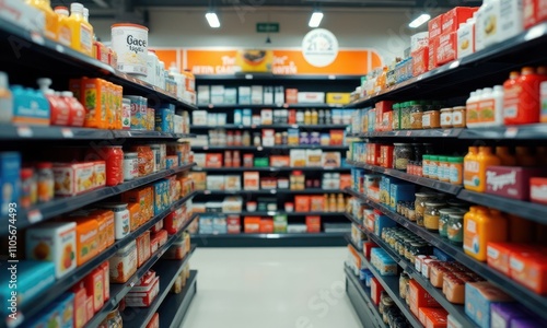 Passage of the store with many different products on the shelves