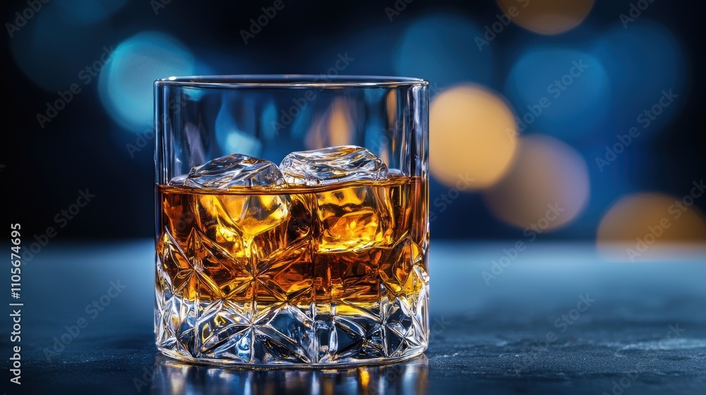 Elegant Glass of Whiskey with Ice on a Reflective Surface