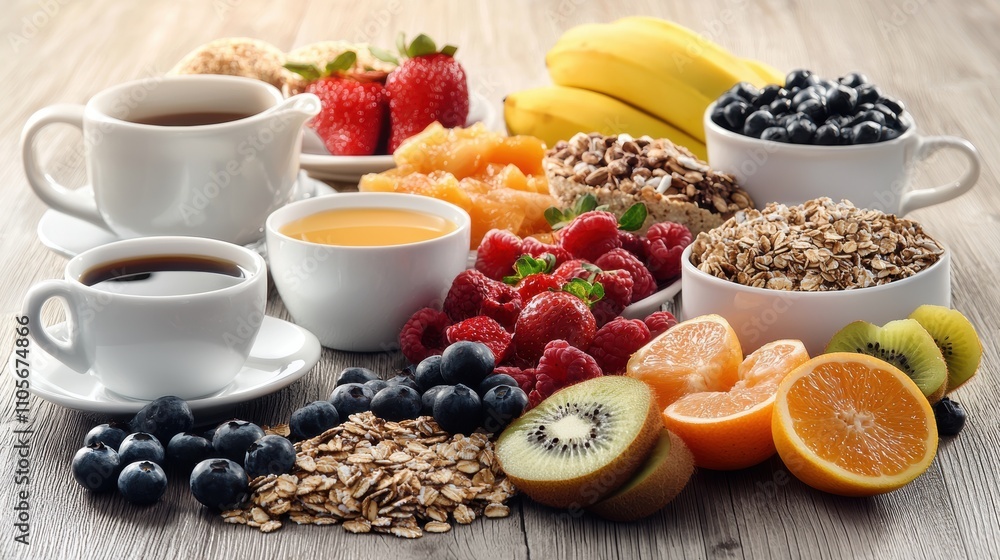 Fresh and Colorful Breakfast Spread with Fruits and Oats Fresh and Colorful Breakfast Spread with Fruits and Oats