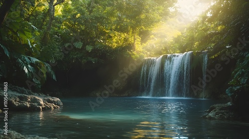 Sunlit waterfall cascading into a tranquil pool surrounded by lush green tropical foliage.