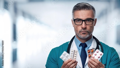 doctor holding various pills  photo