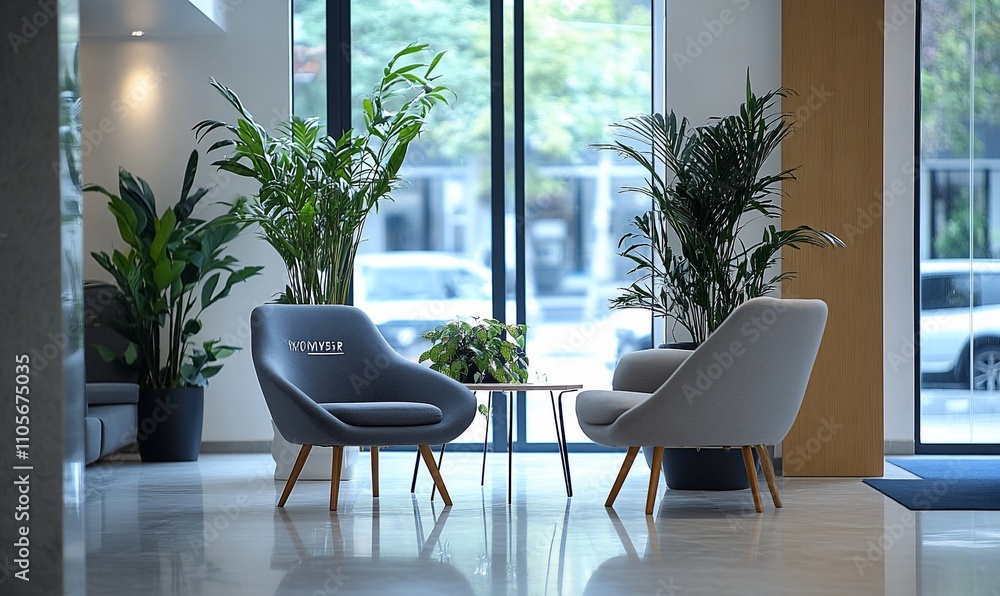 Fototapeta premium Modern office lobby with comfortable seating, plants, and large windows.