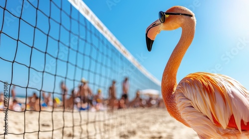 Beach volleyball action with a flamingo tropical beach fun activity sunny environment close-up view summer vibes