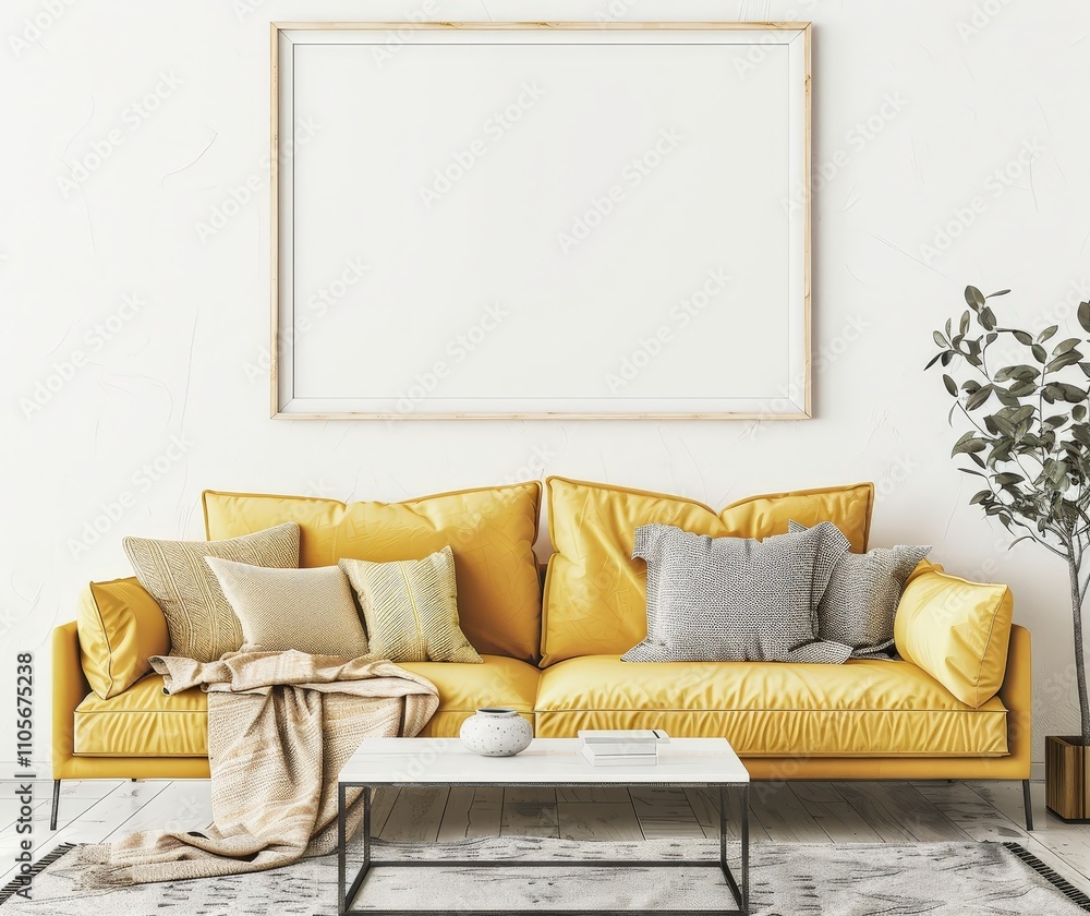 Yellow sofa in living room with empty frame above Yellow sofa in living room with empty frame above