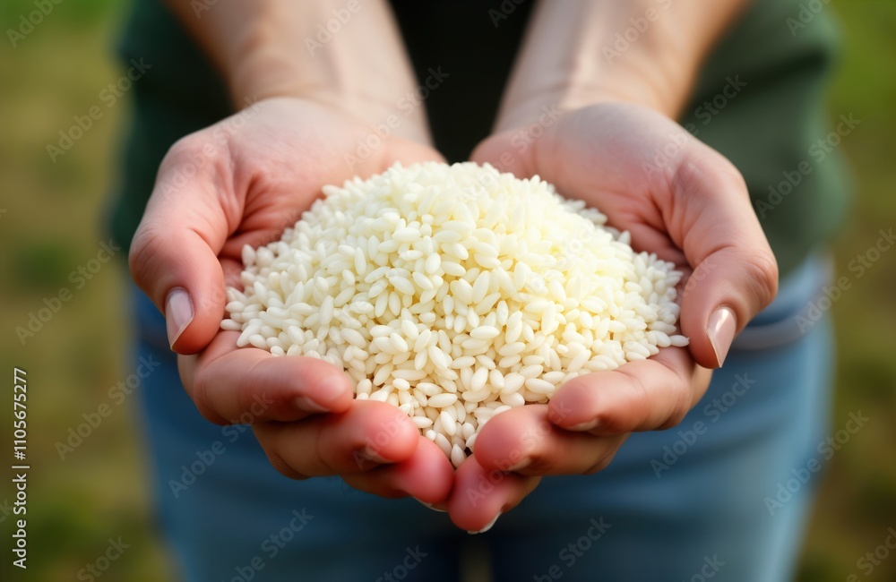 Hands hold raw rice. Close up view of handful of white rice grains. Natural light highlights grains. Hands look caring, gentle. Rice staple food, livelihood in many parts of world. Farming, harvest Hands hold raw rice. Close up view of handful of white rice grains. Natural light highlights grains. Hands look caring, gentle. Rice staple food, livelihood in many parts of world. Farming, harvest
