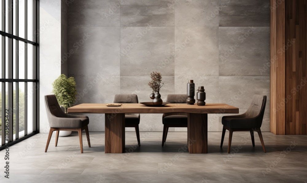 Interior design of stylish dining room interior with family wooden table, modern chairs, plate with nuts, salt and pepper shakers Interior design of stylish dining room interior with family wooden table, modern chairs, plate with nuts, salt and pepper shakers