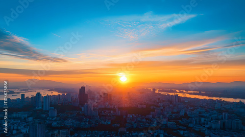 Aerial view of dramatic sunset or sunrise and blue sky