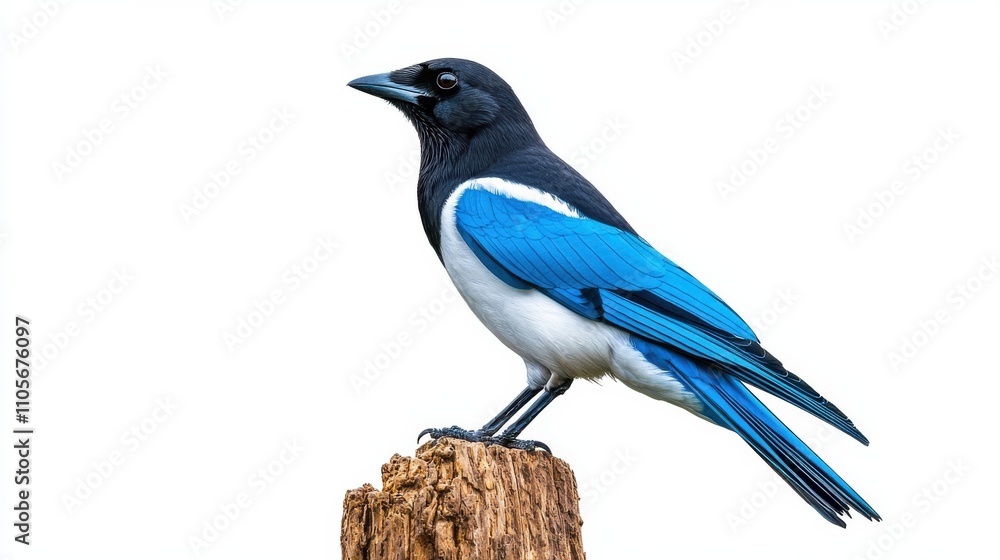 Obraz premium Captivating Blue Magpie Perched on Wooden Branch in Serene Natural Setting