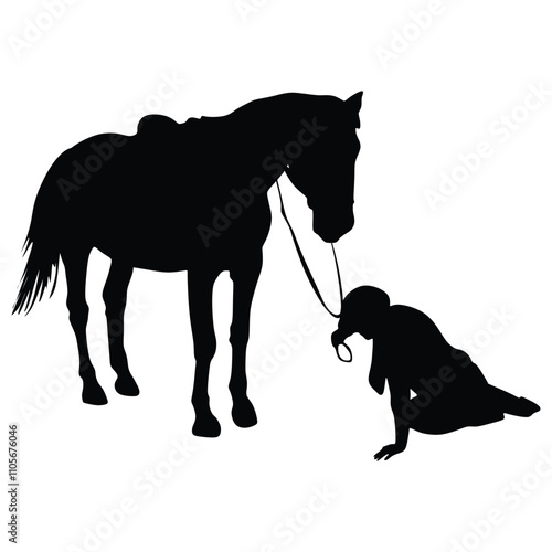 Female jockey felt from a horse ,silhouette, vector illustration , horse race, isolated on white background.