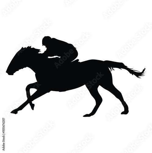 Black silhouette of horse and jockey in full gallop. Horse race