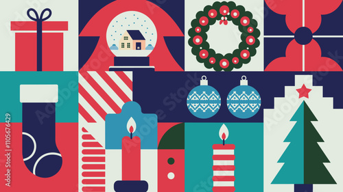 Seamless festive holiday background pattern with colorful Christmas ornaments