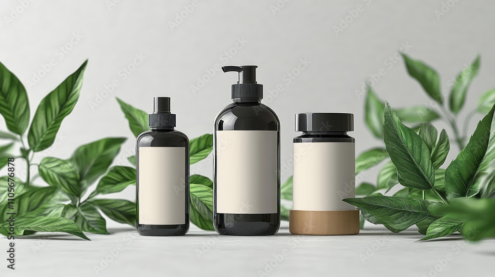 Cosmetics and skincare container bottle set combination template background Cosmetics and skincare container bottle set combination template background