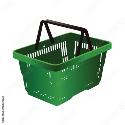 3d realistic vector supermarket food cart plastic green empty basket with black handle. Isolated on white background.