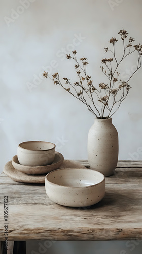 Elegant Handcrafted Clay Pottery on Natural Wood with Soft Earthy Tones and Light