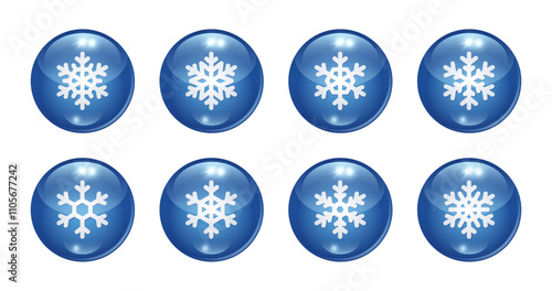 Set of blue glossy balls with snowflakes. Christmas bubbles.