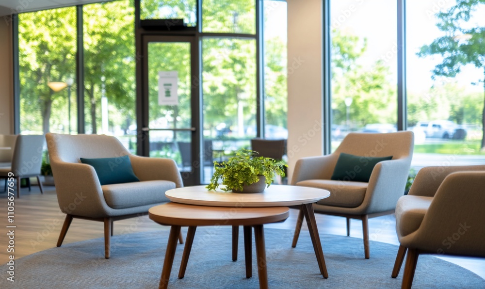Modern waiting area with armchairs, tables, and plants near large windows. Modern waiting area with armchairs, tables, and plants near large windows.
