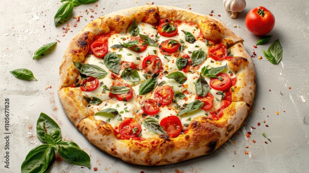 Tasty Caprese pizza with tomatoes, mozzarella, and basil on a light gray surface