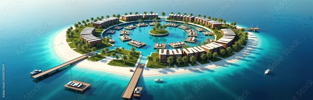 Circular island resort in Maldives. Modern resort structures built along coast, on water in lagoon. Relaxation, tourism emphasized. Tropical vegetation. White sand beach. Turquoise blue water. Circular island resort in Maldives. Modern resort structures built along coast, on water in lagoon. Relaxation, tourism emphasized. Tropical vegetation. White sand beach. Turquoise blue water.