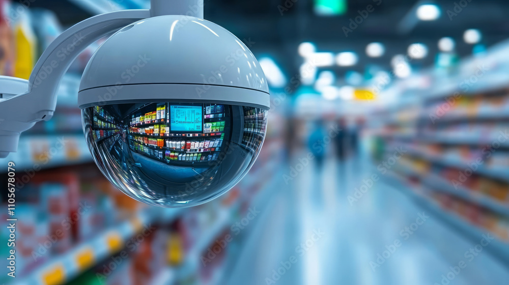 Surveillance system camera and blurry store supermarket background Surveillance system camera and blurry store supermarket background