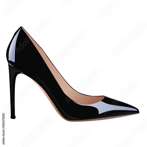 Beautiful female shoes on a white background, sexy shoes, classic. High-heeled shoes, patent leather shoes. 3D effect. Vector illustration. EPS10