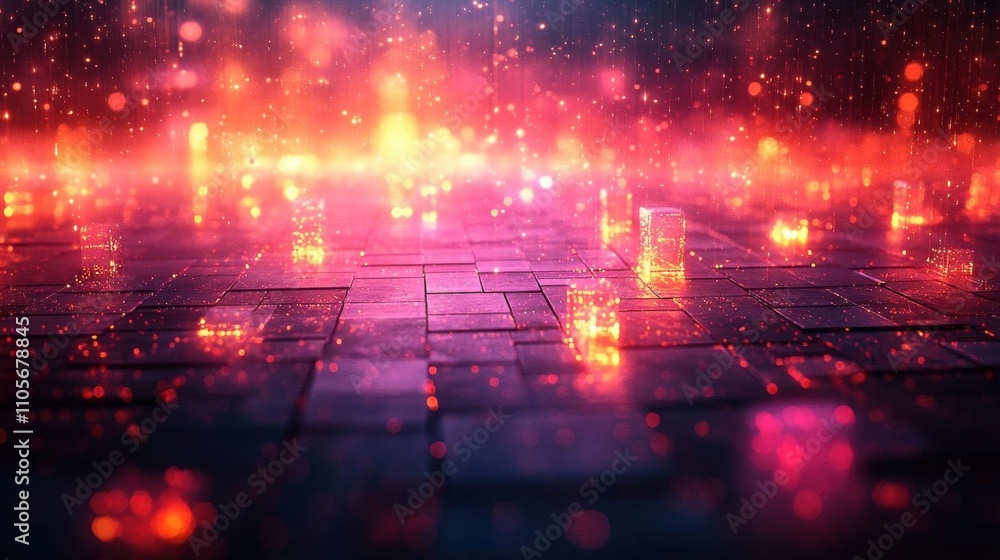 Fototapeta premium Layered crystalline grids with glowing vibrant outlines and metallic reflections