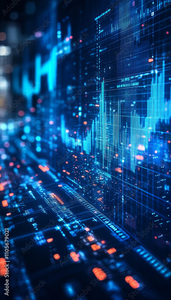 Fototapeta premium Digital financial graphs with blue tones and data visualization