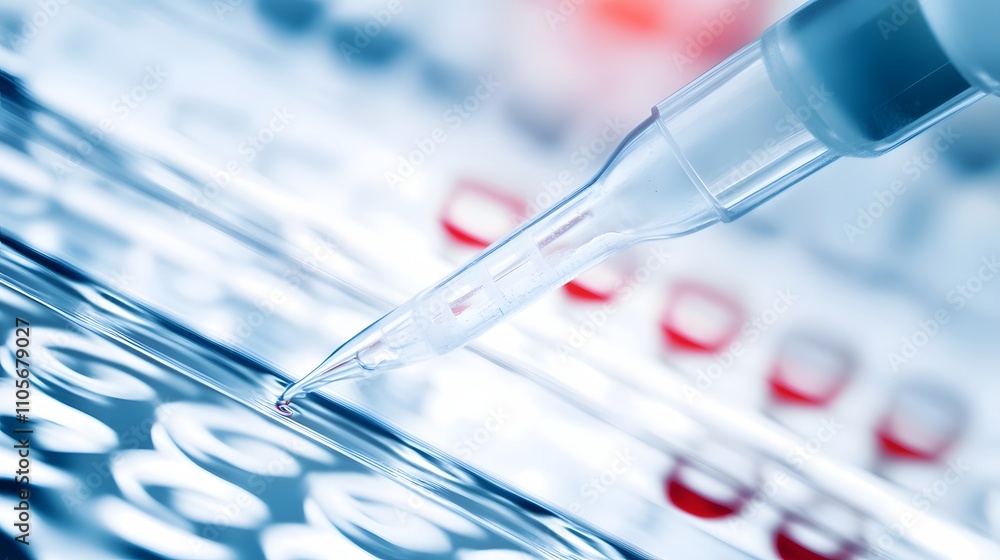 Close-up of a pipette dispensing liquid into a lab plate. Close-up of a pipette dispensing liquid into a lab plate.