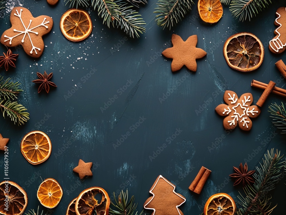 New Year and Christmas gift decoration on dark green background. Copy space available, top view. New Year and Christmas gift decoration on dark green background. Copy space available, top view.