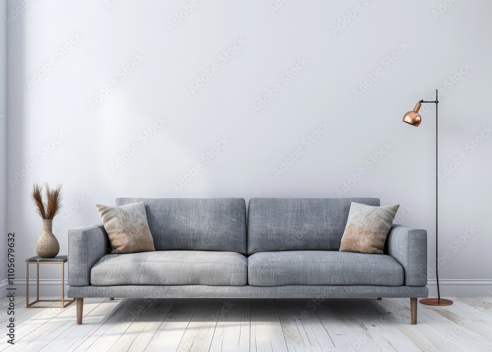 Minimalist living room interior with a gray sofa. wooden floor. and a lamp Minimalist living room interior with a gray sofa. wooden floor. and a lamp