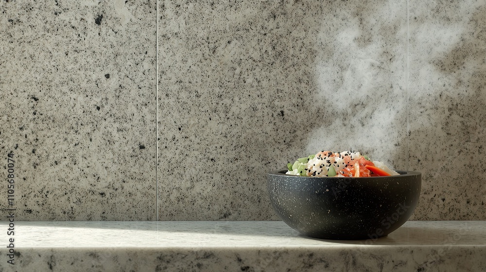 Steaming bowl of rice with salmon and vegetables on a kitchen counter. Steaming bowl of rice with salmon and vegetables on a kitchen counter.