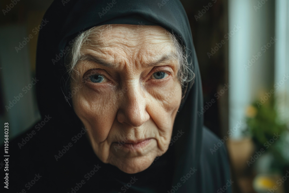 An older woman with piercing blue eyes wears a black headscarf, standing solemnly by a window, capturing introspection, grace, and quiet dignity. An older woman with piercing blue eyes wears a black headscarf, standing solemnly by a window, capturing introspection, grace, and quiet dignity.