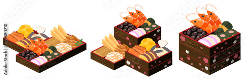 アイソメトリックで描いたおせちのイラストセット（ベクター）