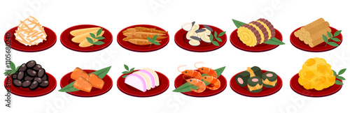 アイソメトリックで描いたおせちのイラストセット（ベクター）