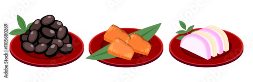 アイソメトリックで描いたおせちのイラストセット（ベクター）