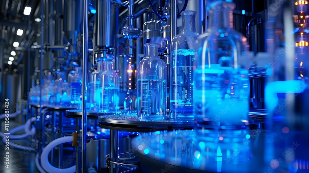 3D Render Blue Lit Industrial Bottling Line 3D Render Blue Lit Industrial Bottling Line