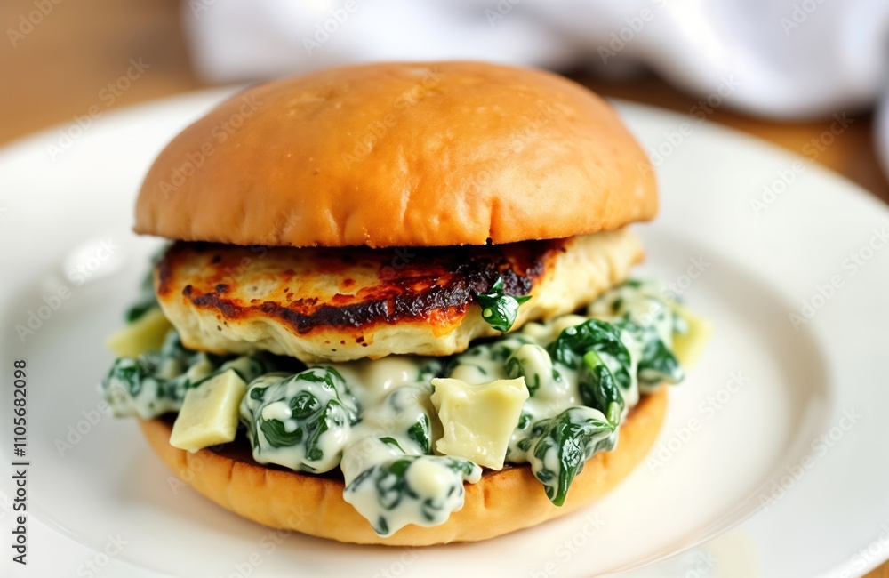 Close-up of grilled chicken sandwich with spinach, artichoke. Sandwich on toasted bun. Chicken grilled, looks cooked perfectly. Spinach, artichoke mixture creamy, rich. Sandwich looks fresh, Close-up of grilled chicken sandwich with spinach, artichoke. Sandwich on toasted bun. Chicken grilled, looks cooked perfectly. Spinach, artichoke mixture creamy, rich. Sandwich looks fresh,