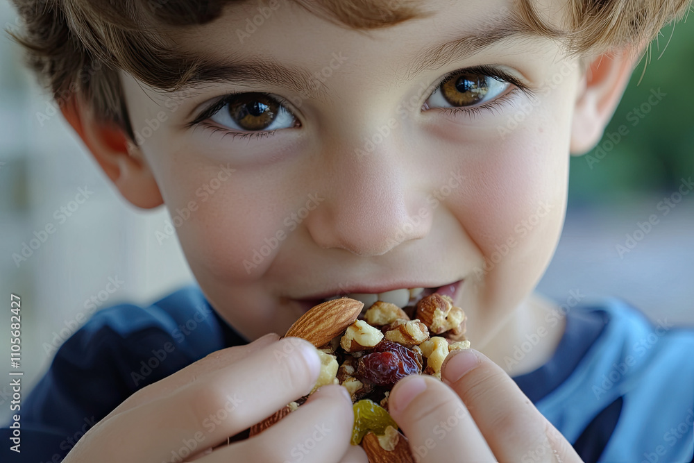 Boy eating mixed nuts and dried fruit for a healthy snack Boy eating mixed nuts and dried fruit for a healthy snack