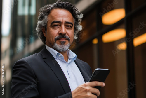 A confident businessman with gray hair stands outside a modern glass building, holding a smartphone, portraying success and connectivity in a corporate setting.