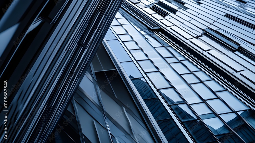 Abstract view of modern glass skyscraper with reflective surfaces in urban setting.