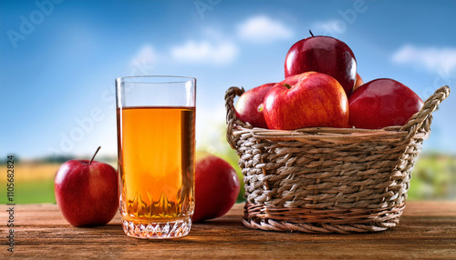 Apples juice in glass with red apple in the baske photo