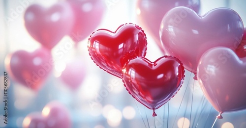 Valentine's Day Gift Cover. Background with brightly colored balloon hearts, red and pink, with space for text. Holiday and surprise concept. Photorealism.