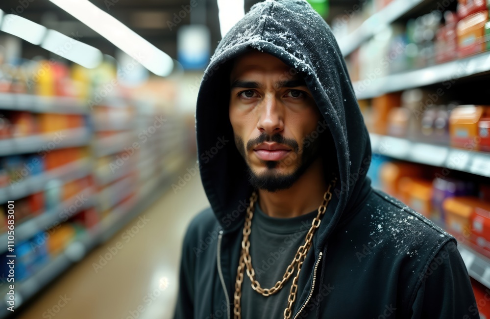 Man in hoodie, chains stands in grocery store aisle. Dark clothing style. Urban scene. Possible urban youth fashion alternative culture. Man looks directly at camera. Snowy weather outside. Indoor Man in hoodie, chains stands in grocery store aisle. Dark clothing style. Urban scene. Possible urban youth fashion alternative culture. Man looks directly at camera. Snowy weather outside. Indoor