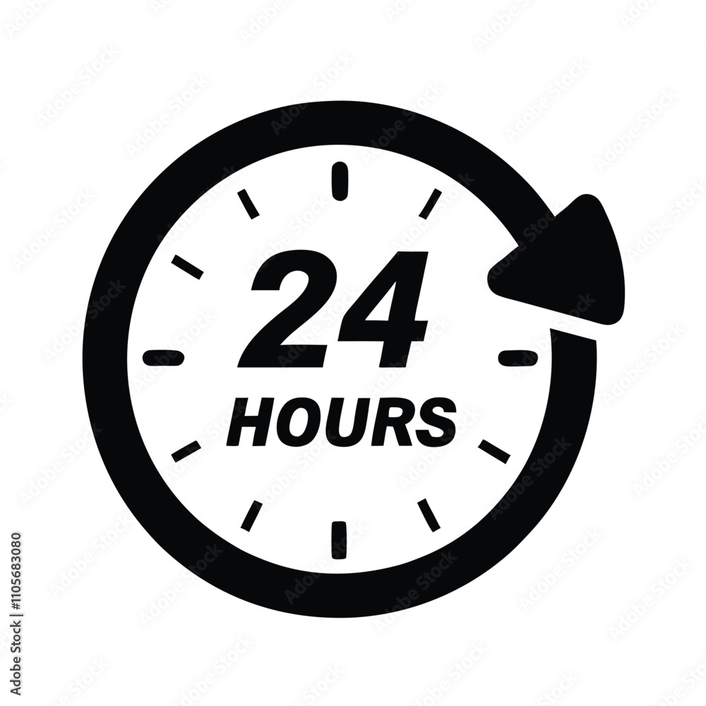 A clock with the number 24 on it. The clock is black and white. The arrow is pointing to the right A clock with the number 24 on it. The clock is black and white. The arrow is pointing to the right
